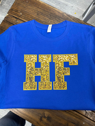 HF Blue with Gold Faux Embroidered Sequin Tee