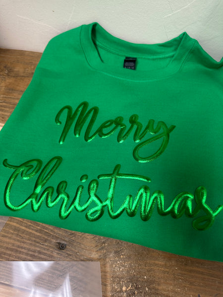 Green Metallic Puff Sweatshirt “Merry Christmas”