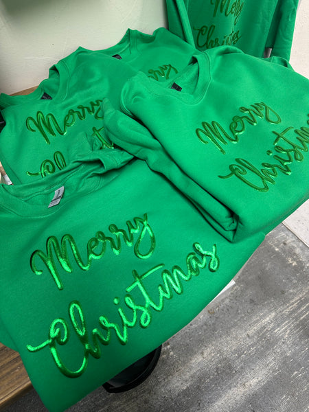 Green Metallic Puff Sweatshirt “Merry Christmas”