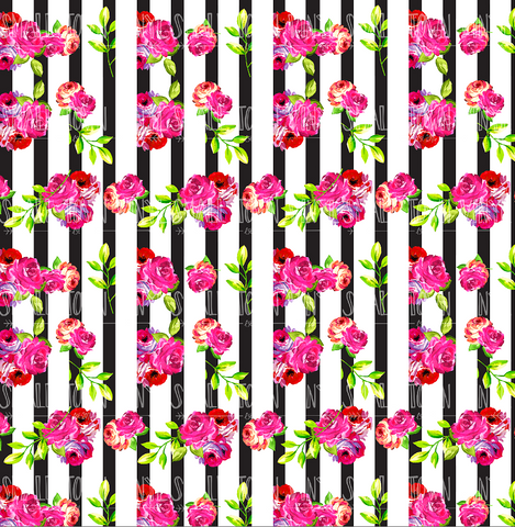 Pink Floral - Black and White Stripes Printed Vinyl